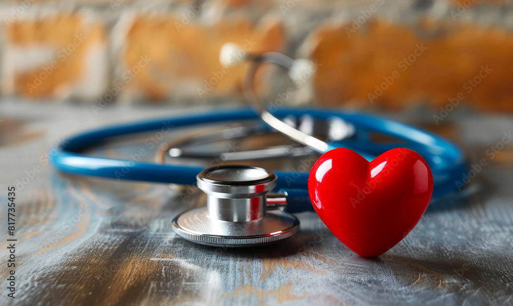 Stethoscope and Vibrant Red Heart on Wooden Table, Symbolizing Medical Care, Heart Health, and Cardiovascular Wellness Stethoscope and Vibrant Red Heart on Wooden Table, Symbolizing Medical Care, Heart Health, and Cardiovascular Wellness