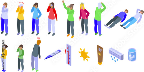 Sunstroke vector. A group of people are shown in various states of health, including fever, cold, and sunburn