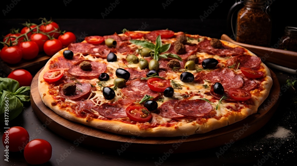tasty pizza with salami and olives on a black background tasty pizza with salami and olives on a black background
