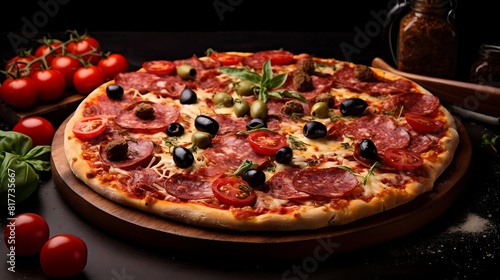 tasty pizza with salami and olives on a black background