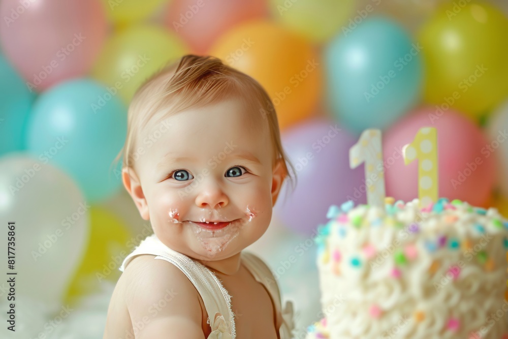 A happy one-year-old baby. Happy birthday A happy one-year-old baby. Happy birthday