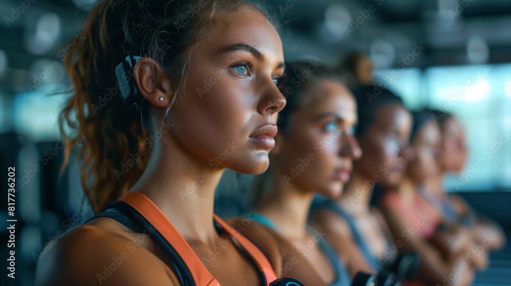 A group of determined women concentrating during a workout session in a modern gym, emphasizing fitness and teamwork. A group of determined women concentrating during a workout session in a modern gym, emphasizing fitness and teamwork.