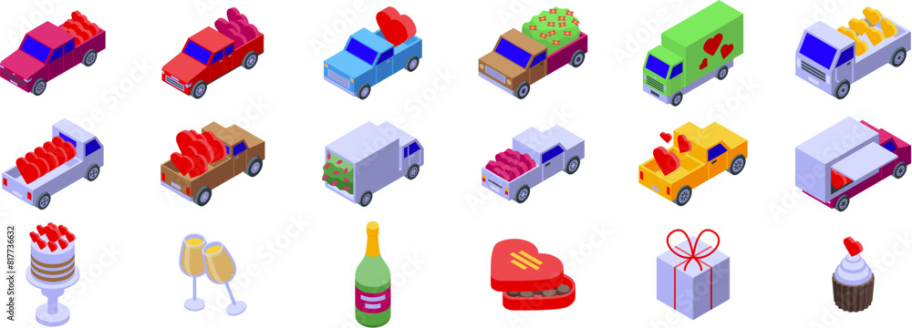 Fototapeta premium Valentine truck vector. A collection of cars and trucks with a heart on the right side. The heart is surrounded by a red ribbon