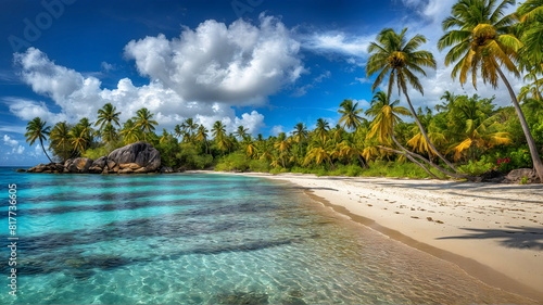 Fototapeta Naklejka Na Ścianę i Meble -  Tropical white sand beach with coco palms and the turquoise sea on Caribbean island.