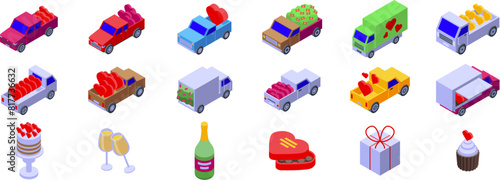 Valentine truck vector. A collection of cars and trucks with a heart on the right side. The heart is surrounded by a red ribbon
