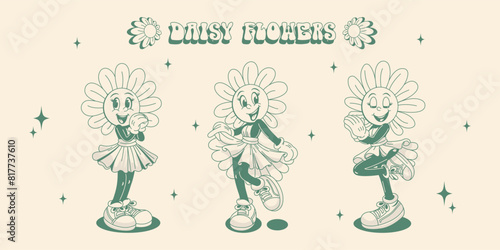 Smiling daisy character in retro 70s style. Funny emotions and peeing in a dress. Monochrome.Vector illustration.
