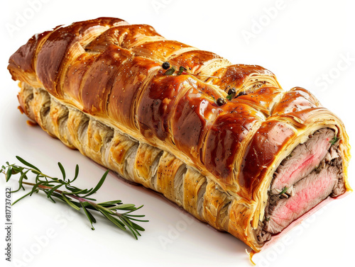 A long, thin, baked pastry with meat and herbs on top