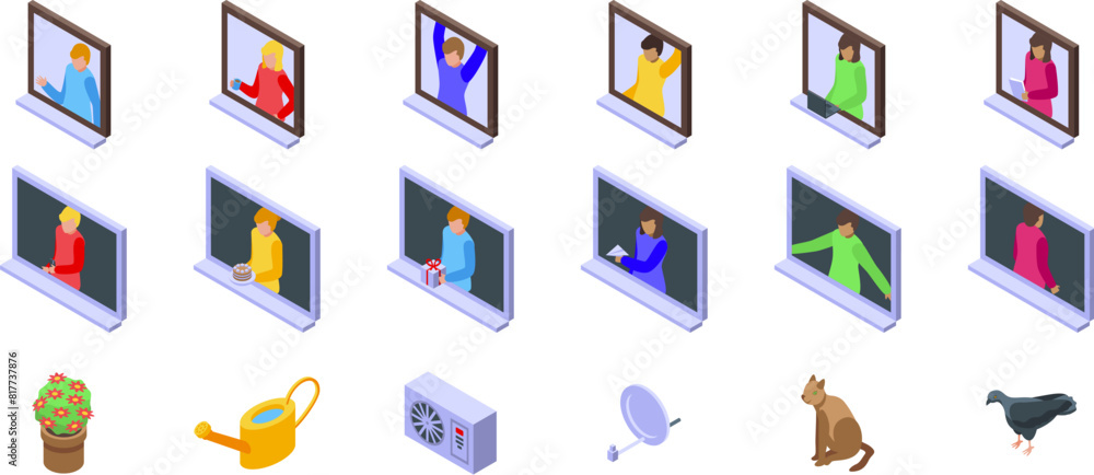 Window neighbor vector. A set of icons depicting people on a computer screen. The icons include a person holding a remote, a person sitting at a desk, and a person standing. Scene is casual and Window neighbor vector. A set of icons depicting people on a computer screen. The icons include a person holding a remote, a person sitting at a desk, and a person standing. Scene is casual and