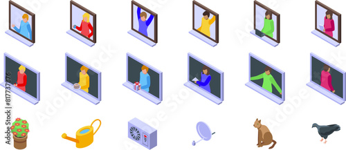 Window neighbor vector. A set of icons depicting people on a computer screen. The icons include a person holding a remote, a person sitting at a desk, and a person standing. Scene is casual and