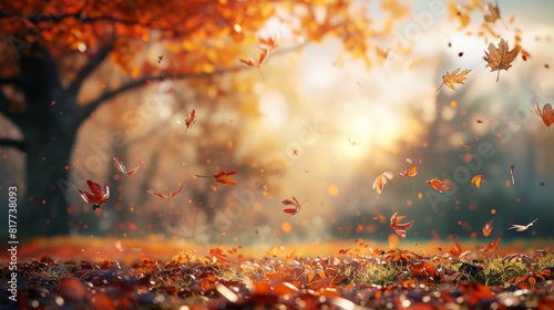 Serene autumn scene with leaves in mid-fall  softly blurred trees in the distance  and ample space for messages at the top 