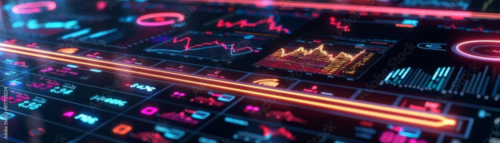 Fototapeta premium Advanced financial analytics dashboard with dynamic neon graphs on a futuristic interface, perfect for visualizing realtime market data