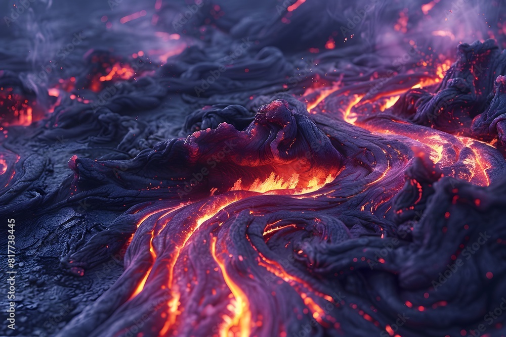 Fototapeta premium Lava flow meeting the ocean with scorching magma