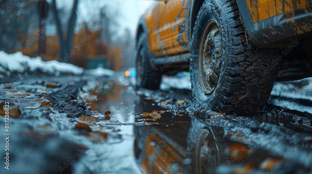 Close-up of a rugged tire in a snowy and muddy outdoor setting. Close-up of a rugged tire in a snowy and muddy outdoor setting.