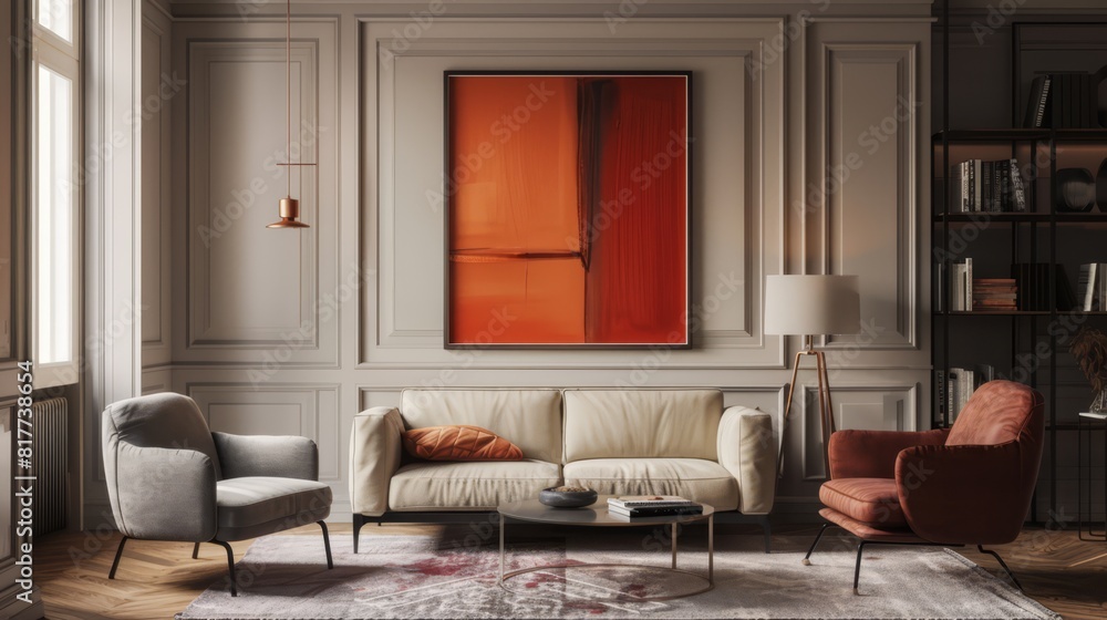 Transitional living room design featuring a frame mockup on a panelled wall, blending traditional and contemporary decor styles, Transitional living room design featuring a frame mockup on a panelled wall, blending traditional and contemporary decor styles,
