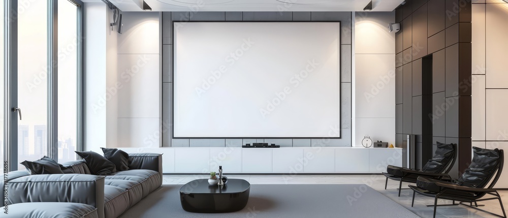 Ultra-modern living room with a sleek white wall equipped with a large frame mockup, state-of-the-art furniture, and high-tech details, Ultra-modern living room with a sleek white wall equipped with a large frame mockup, state-of-the-art furniture, and high-tech details,