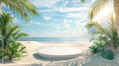 Tranquil beach scene with podium for product display  sunny sky and distant sea view 