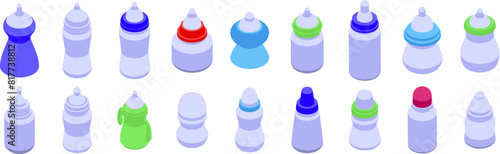 Feeding bottle vector icon. A collection of baby bottles in various colors and sizes. The bottles are arranged in a row, with some being taller and others shorter. Scene is playful and colorful