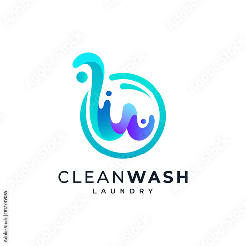 colorful and shiny letter W with splash water and bubbles for laundry, soap and detergent logo design
