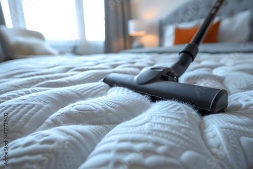 A vacuum close-up on a bed with a white blanket photo