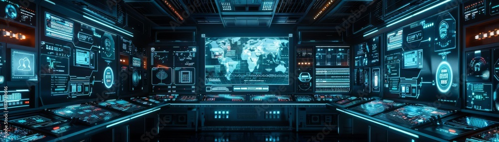 Highresolution display of a digital security system, featuring active scanning and surveillance technology in a futuristic setting Highresolution display of a digital security system, featuring active scanning and surveillance technology in a futuristic setting