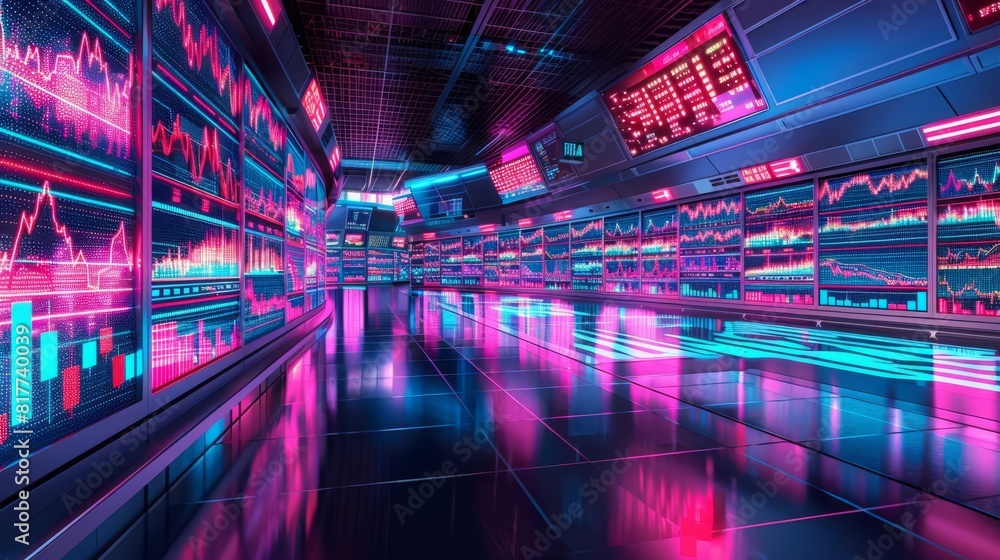 Interactive digital trading floor with neon stock tickers and fluctuating market graphs, showcasing modern trading technologies Interactive digital trading floor with neon stock tickers and fluctuating market graphs, showcasing modern trading technologies