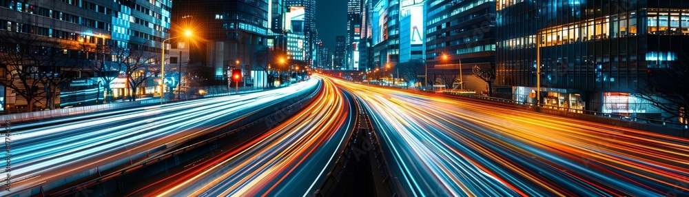 Obraz premium Long exposure effect of light trails in a virtual metropolis, showcasing highspeed internet data flow and connectivity