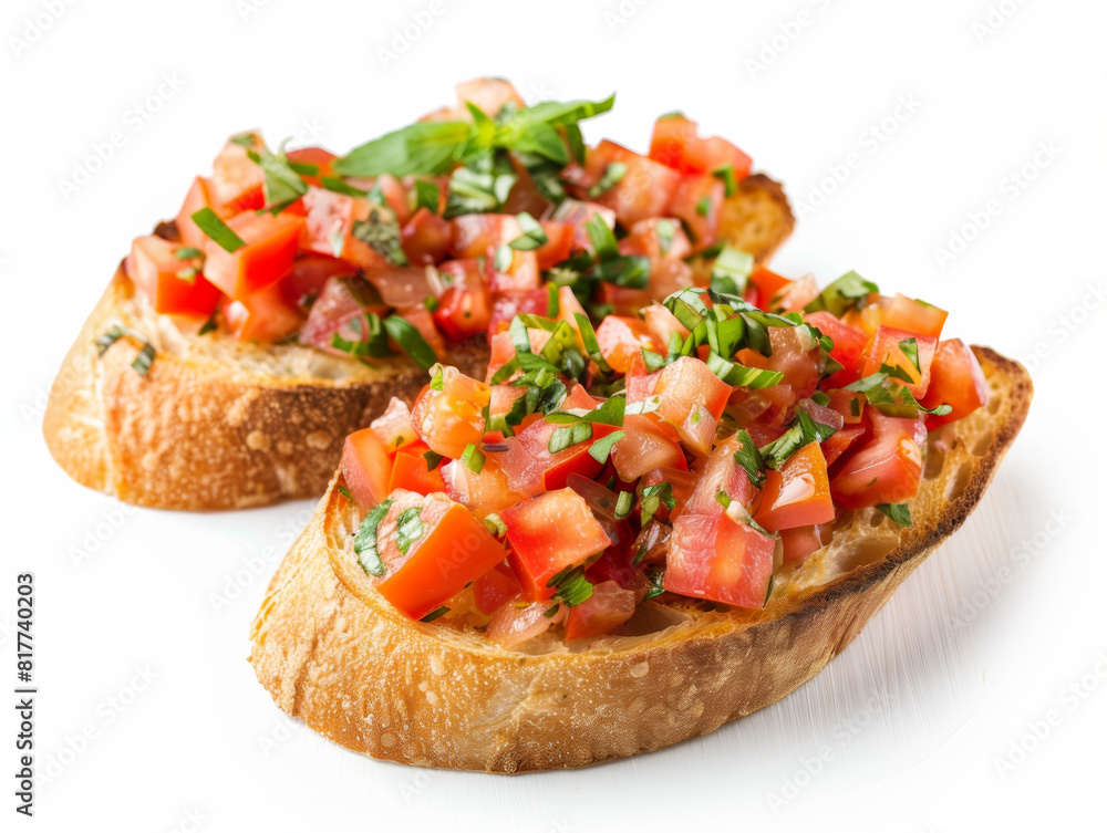 Two slices of bread with tomato and basil on top