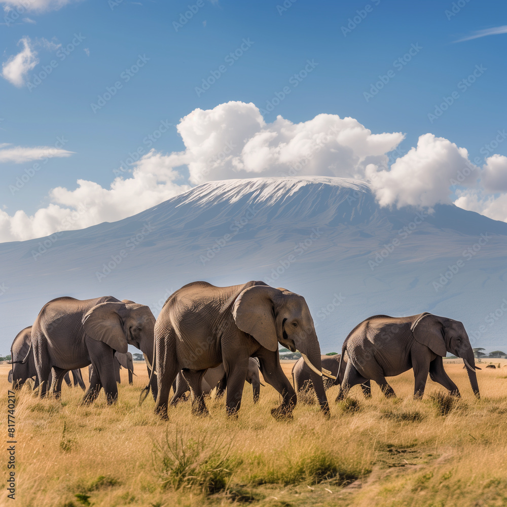 Fototapeta premium AI generated illustration of a swarm of African elephants in Kenya's savannah against Kilimanjaro