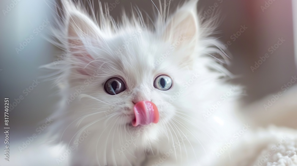 Funny Large Longhair White Cute Kitten with Beautiful Big Eyes Licking Lips, Generative AI Funny Large Longhair White Cute Kitten with Beautiful Big Eyes Licking Lips, Generative AI