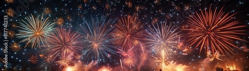 Majestic fireworks celebration  radiant explosions mimic stars in a dark sky  suitable for events and grand openings