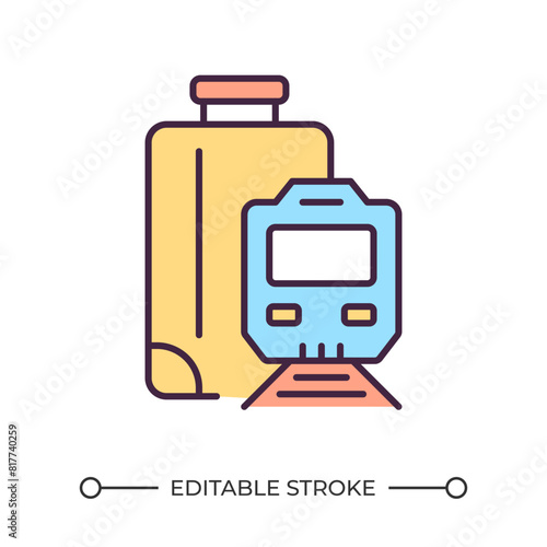 Train travel RGB color icon. Train and suitcase. Urban transport. Communting. Train station. Eco friendly travel. Isolated vector illustration. Simple filled line drawing. Editable stroke photo