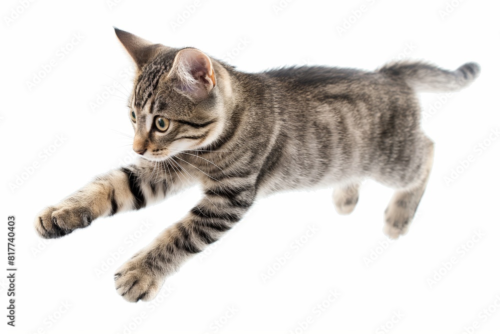 Tabby cat in mid-jump with focused gaze, isolated on white background
