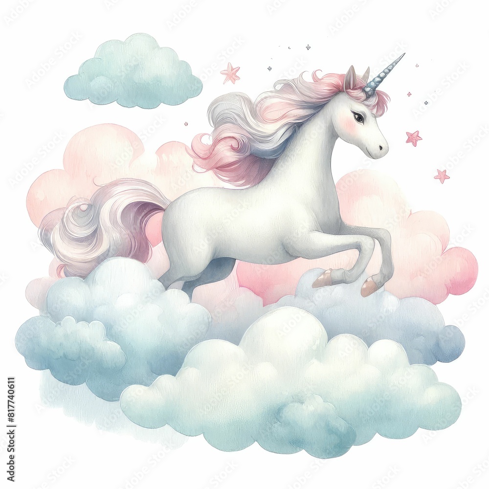 Fototapeta premium A magical unicorn in the clouds. watercolor illustration, Perfect for nursery art, simple clipart, single object, white color background. 