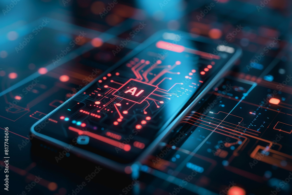 Transparent smartphone display on with AI text to the screen for futuristic technology concepts. Transparent smartphone display on with AI text to the screen for futuristic technology concepts.
