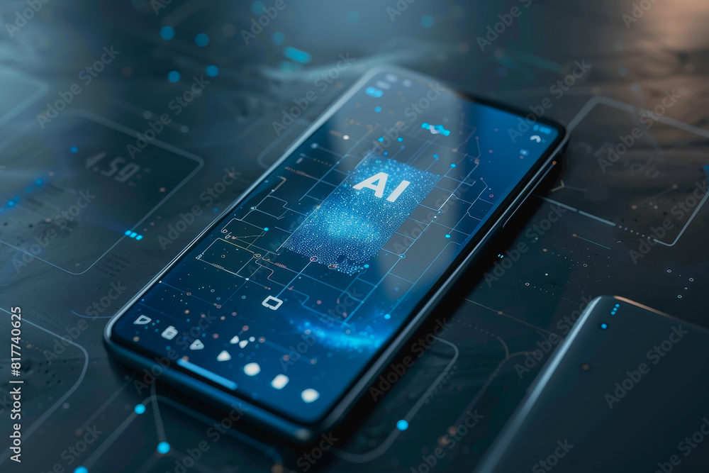 Transparent smartphone display on with AI text to the screen for futuristic technology concepts. Transparent smartphone display on with AI text to the screen for futuristic technology concepts.