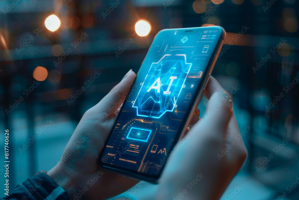 Transparent smartphone display on with AI text to the screen for futuristic technology concepts. Transparent smartphone display on with AI text to the screen for futuristic technology concepts.