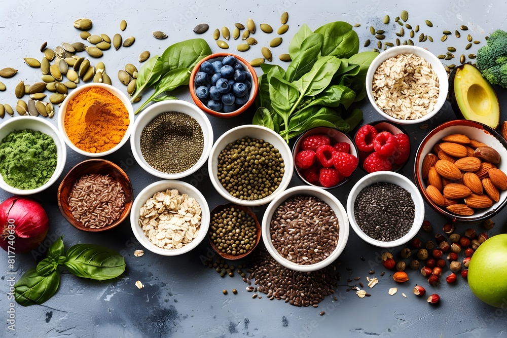 Healthy food clean selection fruits, vegetables, seeds, supper foods, grains, leafy greens on wooden concrete background High quality photo Healthy food clean selection fruits, vegetables, seeds, supper foods, grains, leafy greens on wooden concrete background High quality photo