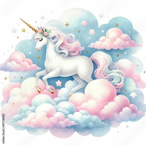 A magical unicorn in the clouds. watercolor illustration, Perfect for nursery art, simple clipart, single object, white color background. 