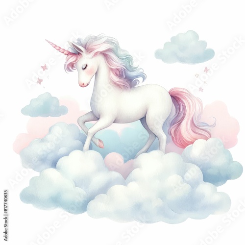 A magical unicorn in the clouds. watercolor illustration  Perfect for nursery art  simple clipart  single object  white color background. 