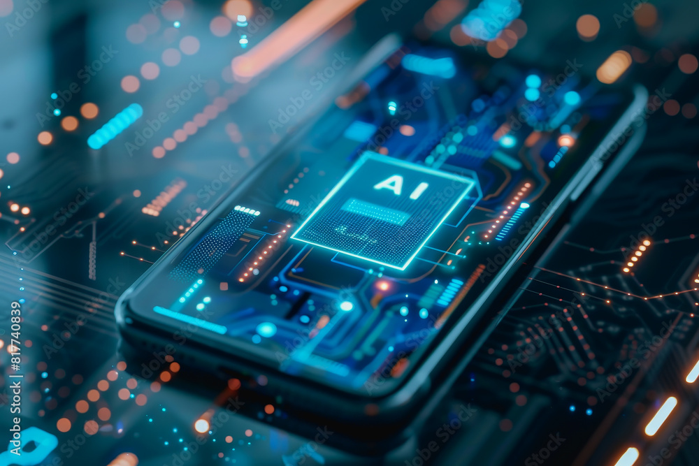 Transparent smartphone display on with AI text to the screen for futuristic technology concepts. Transparent smartphone display on with AI text to the screen for futuristic technology concepts.