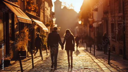 Romantic couple walking the streets of the old town, holding hands photo
