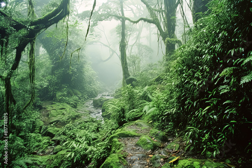 Two people are walking through a lush green jungle.