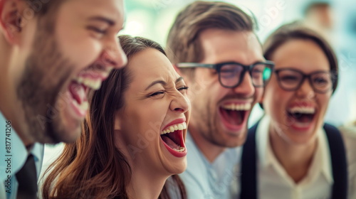 Team of coworkers laughing hysterically as they try out bizarre team-building exercises photo