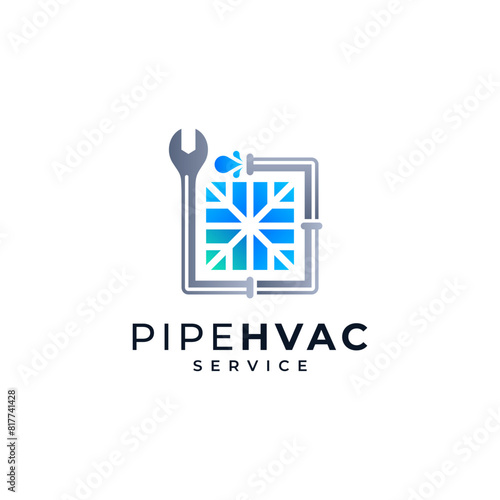 rectangle plumbing, wrench and water drop with snowflake for plumbing and HVAC repair service logo