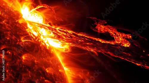 Detailed close-up of the sun's surface showing intense solar flares and plasma eruptions. Captures the dynamic and powerful nature of solar activity.