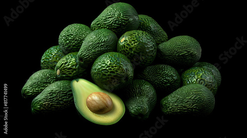 A pile of fresh green avocados with one halved to reveal its seed. The dark background highlights the vibrant texture and color of the avocados