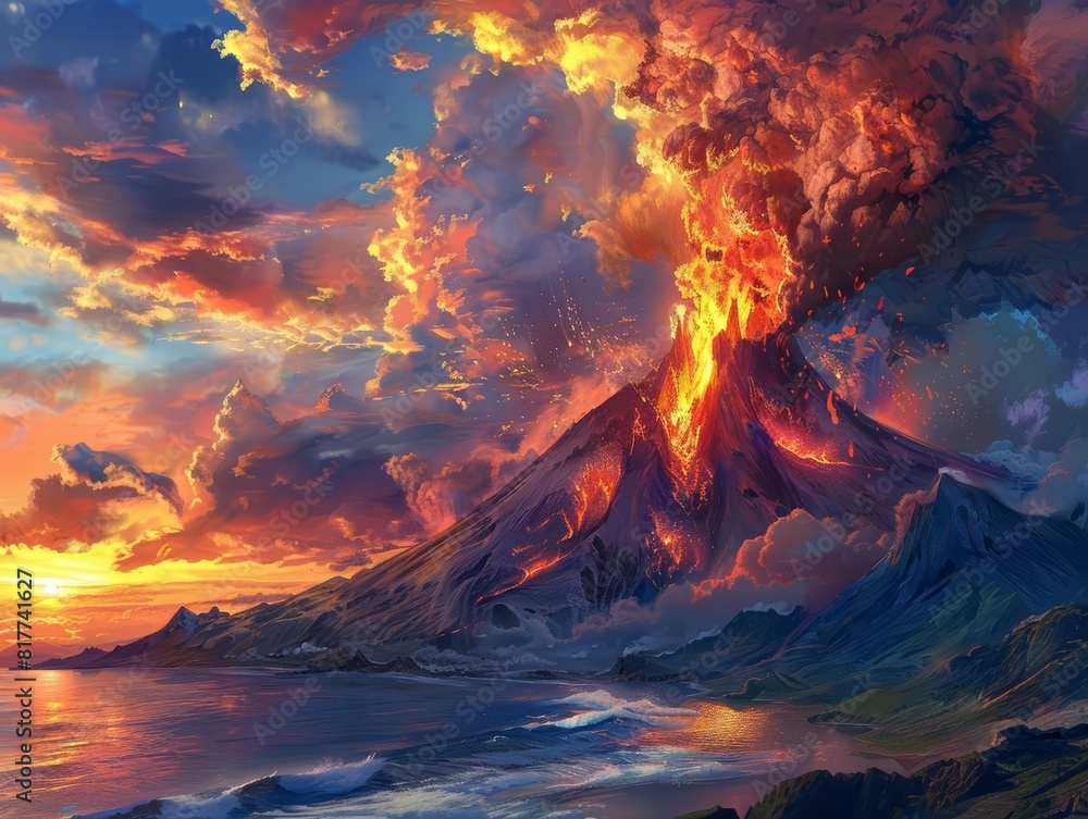 A volcano erupting with a plume of smoke and flowing lava, set against a dramatic landscape with mountains and the sea at sunset, vivid colors, high detail A volcano erupting with a plume of smoke and flowing lava, set against a dramatic landscape with mountains and the sea at sunset, vivid colors, high detail