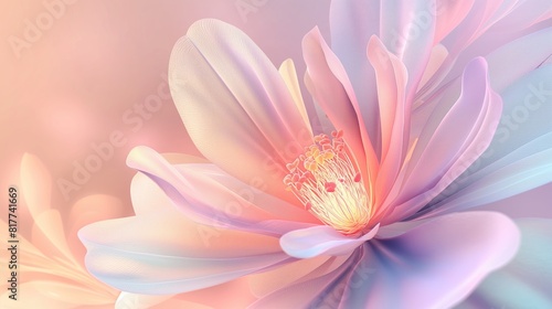 3D rendering of a beautiful flower with a pastel background. Soft light  gradient colors and a glowing effect on the petals. Pastel background with copy space.