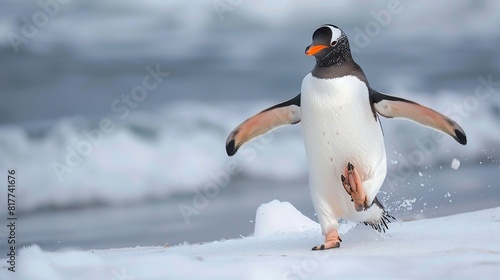Gentoo Penguin  Pygoscelis papua  Waddles Across Snow  Raising Foot  Generative AI