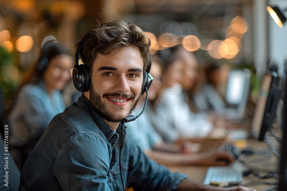 Smiling man wearing headphones sitting in front of a computer Smiling man wearing headphones sitting in front of a computer